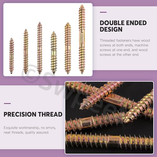 Image of Swpeet 80Pcs 6 Sizes M6 M8 Color Zinc Double Head Ended Screws Assortment Kit, Double Ended Screws, Wood Dowel Screw, Self Tapping Threaded Bolts Hanger Bolts for Woodworking Furniture Connecting