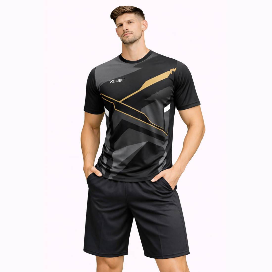 xcube Men's Athletic Jersey and Shorts Set, Black with Grey Geometric Pattern, Performance Sports Training Wear-picture-23