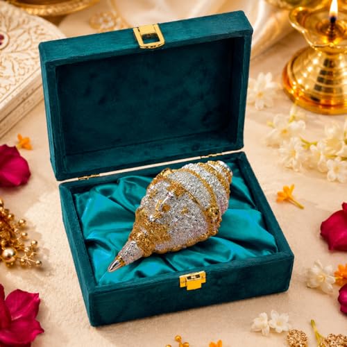 Image of CraftVatika 999 Pure Silver Plated & 24K Gold Plated Ganesh Shankh with Velvet Gift Box, 4.7 Inch Ganesha Shankh for Fengshui Vastu Gifts, Wedding Anniversary House Warming Gifts New Home Decor Items