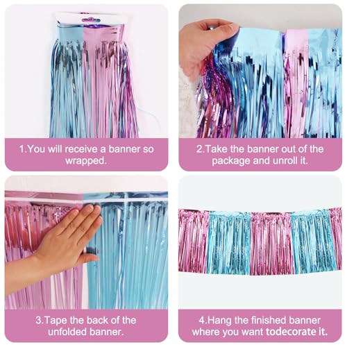 Image of BEISHIDA 3 Packs Metallic Foil Fringe Garland Pink Light Blue Wall Hanging Tinsel Fringe Banners for Car Floats Bridal Shower Wedding Birthday Graduation Holiday Party Decoration(30 Feet)