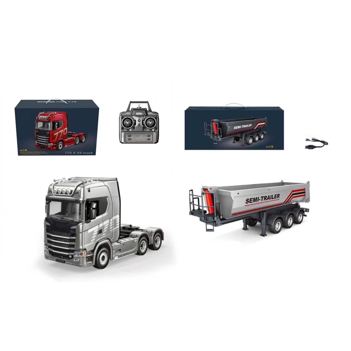 BuildCubes 1501 770S V8 1/18 RC Semi Truck and Trailer, 2.4G RWD 6x4 Heavy Duty Tractor Truck, Remote Control Semi-truck with RC Flatbed Trailer, Gift -RTR