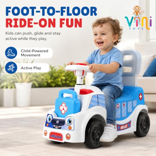Image of Ambulance Ride On Toy for Kids 2-5 Years with LED Emergency Lights, Siren Sound, Front & Rear Storage, Foot to Floor Ride On Car with Comfortable Backrest, Kids Ride On Car for Boys & Girls