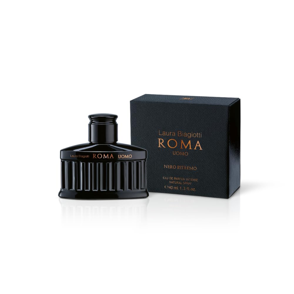 Laura Biagiotti – Roma Uomo Nero Estremo Eau de Parfum Intense 40 ml – Profumo Uomo – Fragranza Fougère Ambrata Legnosa – Note Intense e Profonde – Flacone di Colore Nero Ispirato al Pantheon Romano