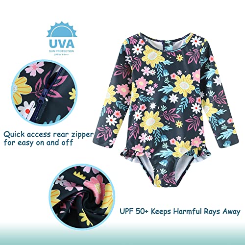 Image of Baby Girls One Piece Swimsuits Long Sleeve Rash Guard for Kids Girls UPF 50+ Sun Protection Swimshirts