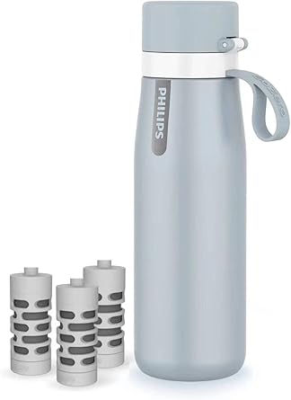 Philips GoZero Everyday Insulated Stainless Steel Water Bottle with 3 Philips Everyday Tap Water Filters BPA Free Transform Tap Water into Healthy Tastier Water Keep Drink Hot/Cold, 18.6 oz, Blue