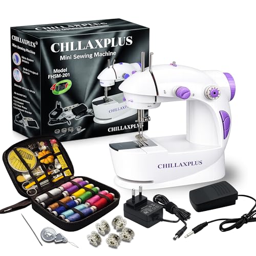 Image of CHILLAXPLUS Stitching Machine - Portable Sewing Machine for Home Use with with 12 Thread Sewing Kit and Foot Pedal, Mini Silai Machine - Compact Tailoring Tool - White