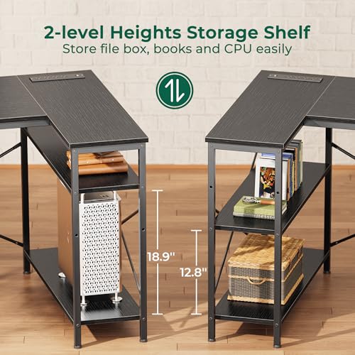 Huuger L Shaped Desk with Power Outlets, 63 Inch Reversible Computer Desk with 3 Drawers and Shelves, Home Office Table for Corner Work Study Writing Gaming, Black