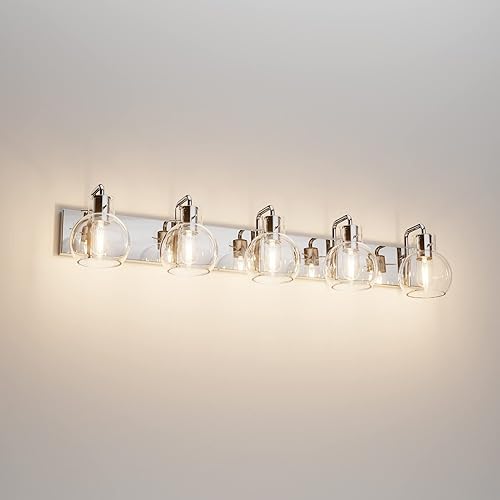 Miniatura 14 de Tipace - Lámparas modernas de iluminación para tocador de baño, 3 luces, acero inoxidable industrial con acabado cromado, vidrio transparente de