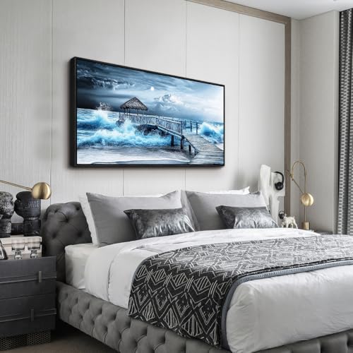 ERQINHUA Large Canvas Wall Decor For Living Room Wall Art For Bedroom Office Wall Decorations Black Frame Blue Wave Landscape Painting Artwork For Modern Stretched and Framed Beach Posters 24"X48"