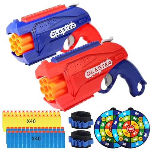 2 Pack 6 Rotating Drum Fit for Nerf Guns Darts Toy Gun, Kids Blaster Toy Pistol with 80 Soft Foam Darts, Gun Toys for Boys, Teens Ages 6+ (Red and Blue)