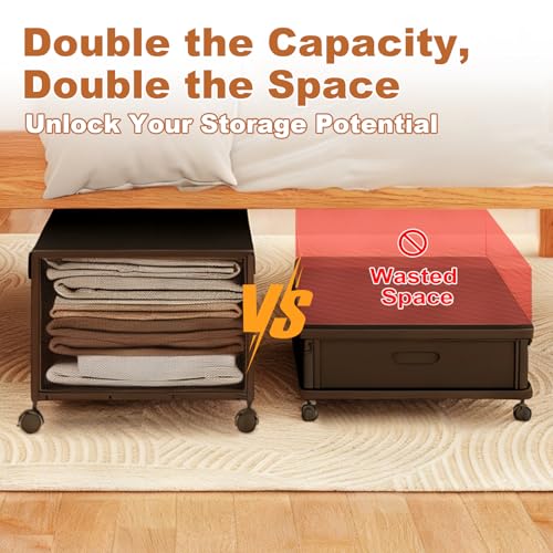 Image of 2 Pack Under the Bed Storage Containers,12 inch Height Under Bed Shoe Storage,31inch Long Underbed Storage with Wheels,Large Rolling under bed Clothes Storage Drawers with Lid for Dorm Tall,Black