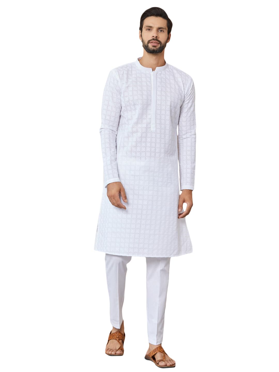 See Designs Men's Long Sleeve Mandarin Collar Side Slit White Embroidered Chikankari Pure Cotton Straight Kurta With Pyjama - Sdkt256101M