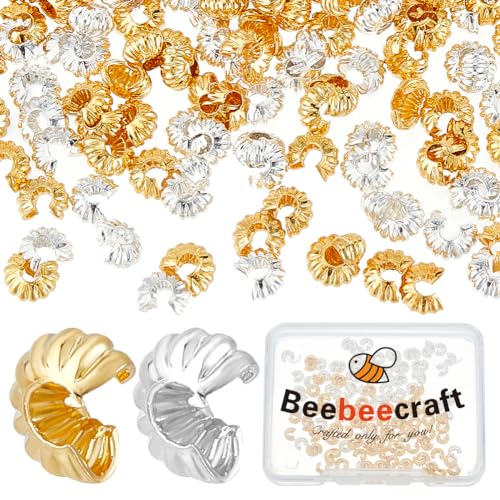 Beebeecraft 1 Box 160Pcs Crimp Bead Covers Sterling Silver Plated & 18K Gold Plated 2 Colors Half Round Open Crimp Beads End Tip 4mm for DIY Jewellery Makings