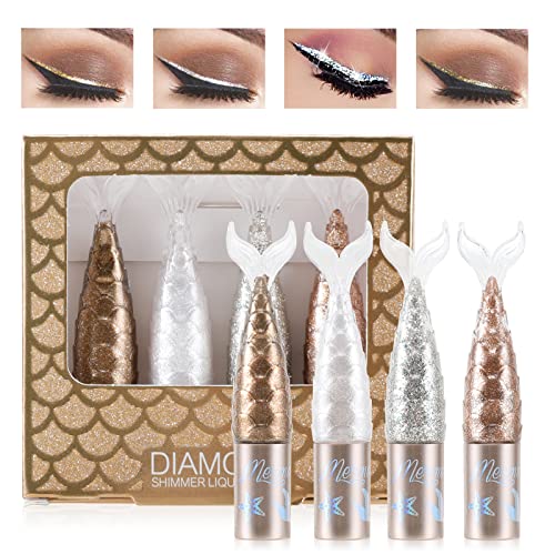 Erinde 4 Colors Liquid Glitter Eyeliner Set, Metallic Shimmer Colorful Eyeshadow, Silver Gold Diamond Eye Liner Stick, Long Lasting Glow Eyeliner Eye Shadow, Ideal Makeup Gift #TOP27