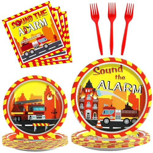 Image of 100 Pcs Firetruck Birthday Party Decorations Fireman Plates and Napkins for Firefighter Party Supplies Fire Truck Birthday Theme Disposable Dinnerware Set for Kids Fireman Party Favors Serve 25