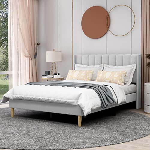 Image of AGARTT Upholstered Platform Bed Frame Full Size, Light Grey Linen