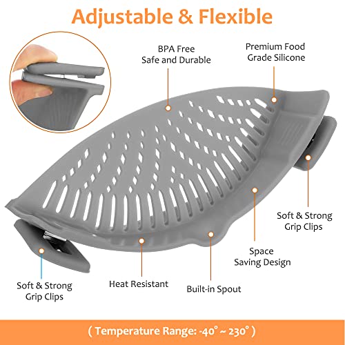 Yevior Clip On Strainer For Pots Pan Pasta Strainer, Silicone Food Strainer Hands-Free Pan Strainer, Clip-On Kitchen Food Strainer For Spaghetti, Pasta, Ground Beef Fits All Bowls And Pots - Grey #TOP1