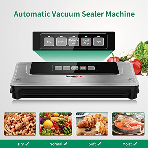 Image of Bonsenkitchen Vacuum Sealer Machine, Built-in Cutter | Multifunctional Food Sealer for Sous Vide & Meal Prep, 40 Pre-Cut Bags, Grey