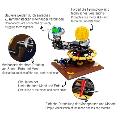 JAMARA 402864 CADA Solar System Bricks, f&uuml;r Kinder Technik Spielzeug ab 8 Jahre, Geschenkidee f&uuml;r Kids, Klemmbausteine Set, Mechanisch drehbare Rotation von Sonne, Erde und Mond