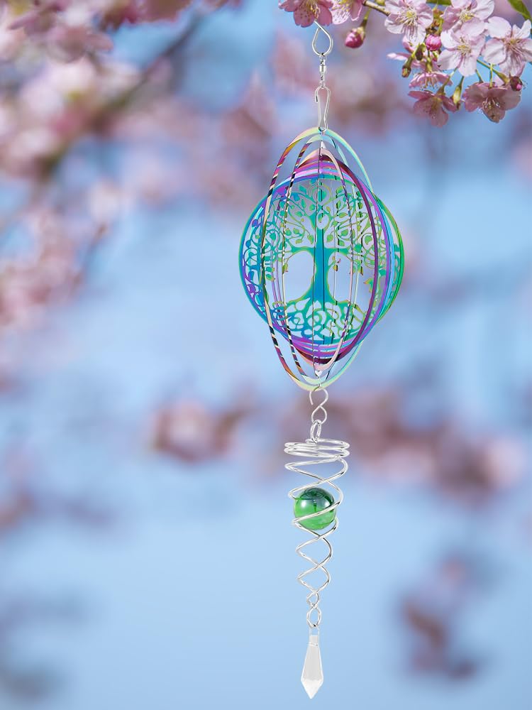Éolienne à suspendre en acier inoxydable, carillon rotatif 3D, arbre de vie à suspendre avec queue en spirale, décoration d'extérieur en métal à suspendre pour jardin, terrasse