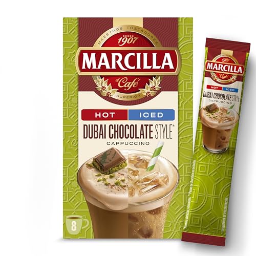 Marcilla Café Soluble Mix CAPUCCINO Dubai Chocolate Style, con sabor a pistacho y chocolate | Hot & Iced | 8 sobres de 15 g | 120 g