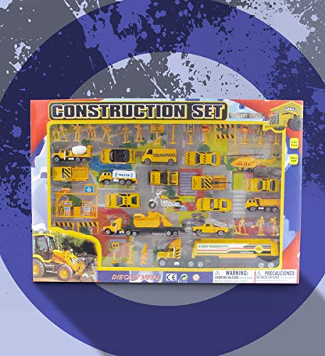 Mozlly Diecast Mini Construction Crew Theme Assorted Vehicles Figures Variety Accessories for Boys Kids Children Pre-Kindergarten Toys Games 42 Piece Play Set Ideal Gift Vehicle Playsets