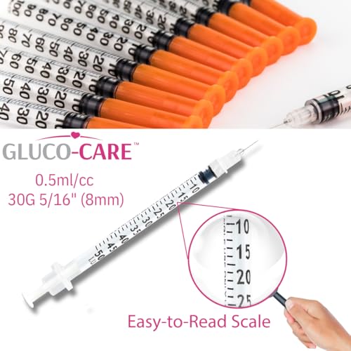 Image of GLUCO-CARE 0.5 ml /cc Syringes 30G x 5 /16'' (8mm), 100 /box | Fine Tip, Home & Lab Use, Clear Barrel, Bold Scale, Smooth Plunger Movement with back-end stopper, Leak-Proof Design