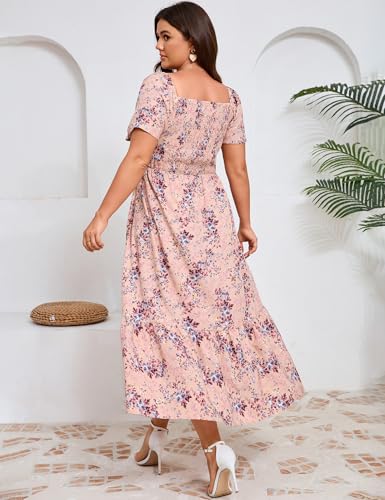 Image of ShopWonder Women Plus Size Dress Short Sleeve Square Neck Floral Maxi Pleated Ruffle A Line Long Dress