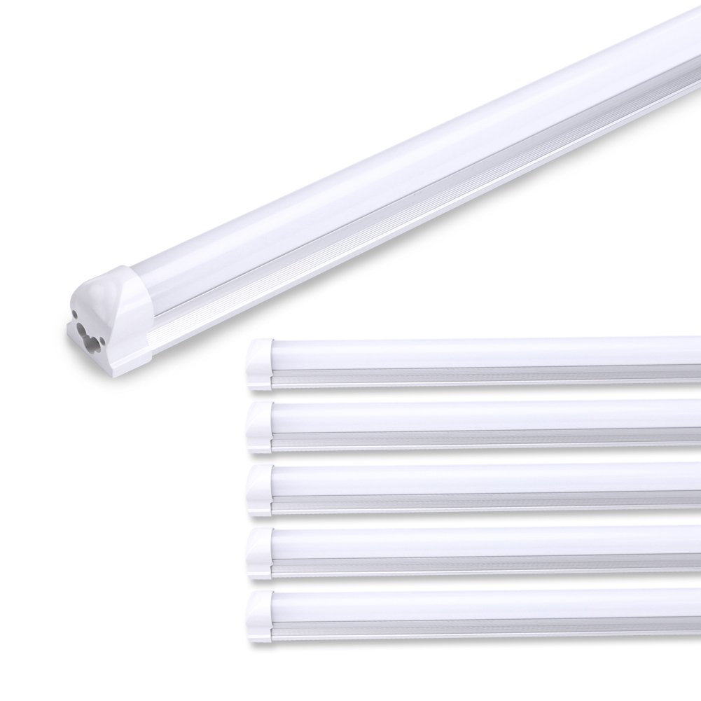 Monios-L LED Garage Lights 6500K(Super Bright White) 8ft, 48W 5000lm T8 Integrated Tube Light Fixture, Flush Mount Ceiling Light for Workshop, Warehouse, Frosted Lens, Plug and Play(6-Pack)