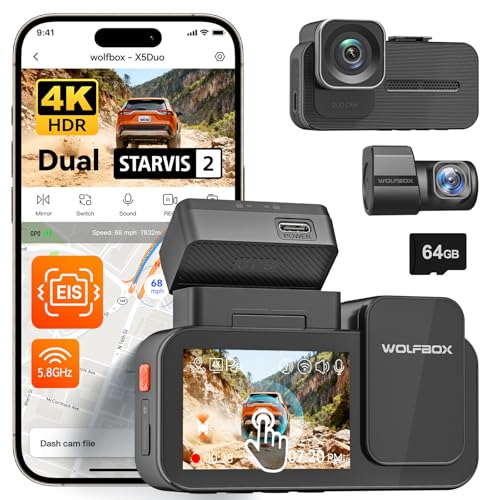 Image of WOLFBOX X5 Duo 4K+2.5K Dash Cam Anti-Shake, 8MP STARVIS 2 IMX678 IMX675, Dual Car Camera Front and Rear, 5.8GHz Wi-Fi GPS, Included 64GB Card, Voice Control, Touch Screen, Parking Mode