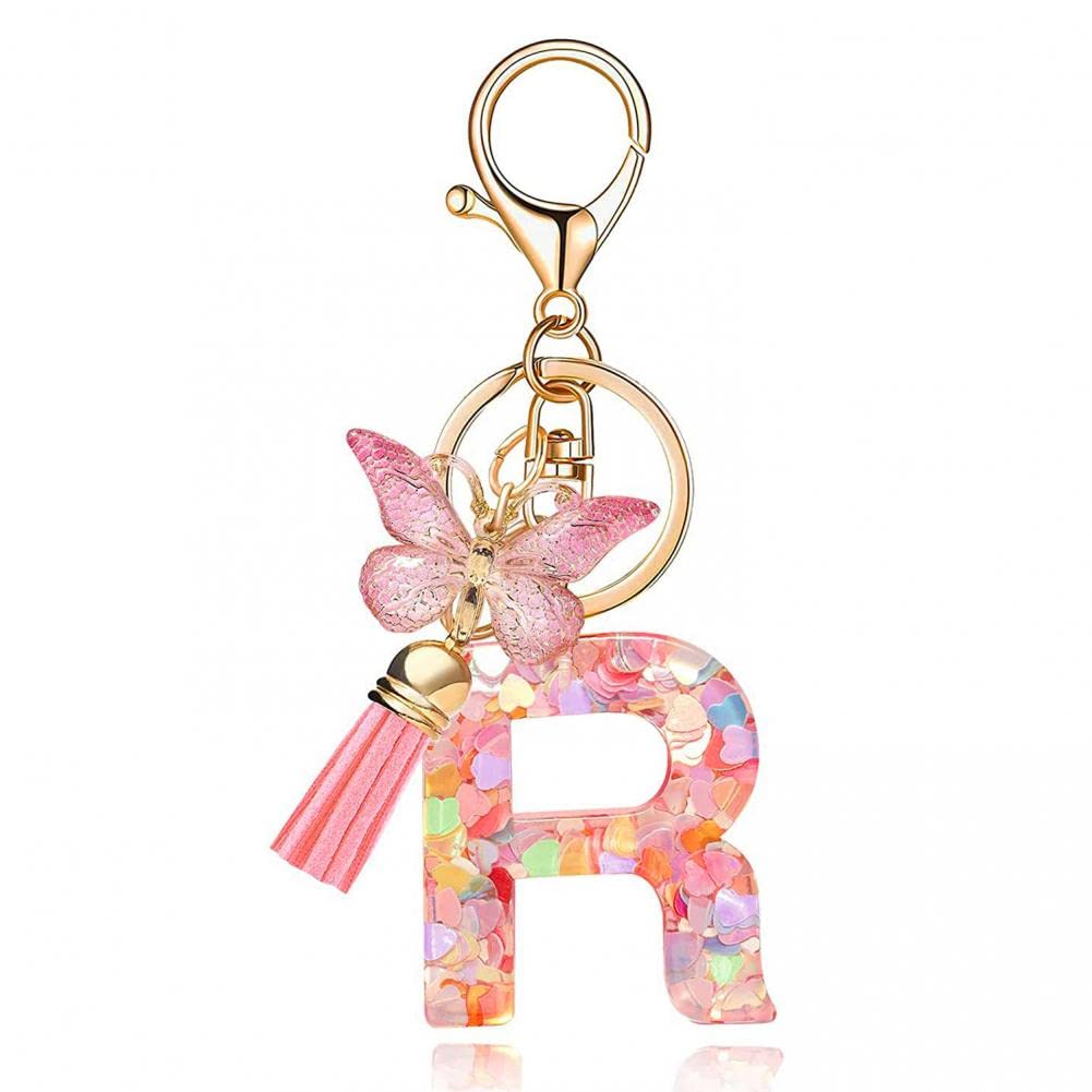 Goodern Alphabet Initial Letter Keychain with Tassel,Fashion Keychain Butterfly Pendant Key Ring,Cute Keychain for Women Girls,Purses Handbag Backpack Keychain,Car Key Keychain Tassel Key Chain-R