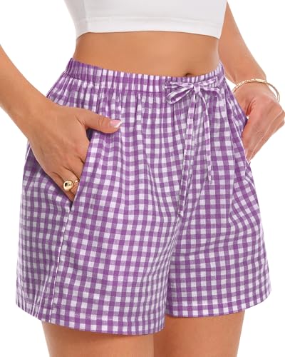 Image of Women Boxer Shorts Gingham Drawstring Pajama Bottom Plaid Pants with Pocket