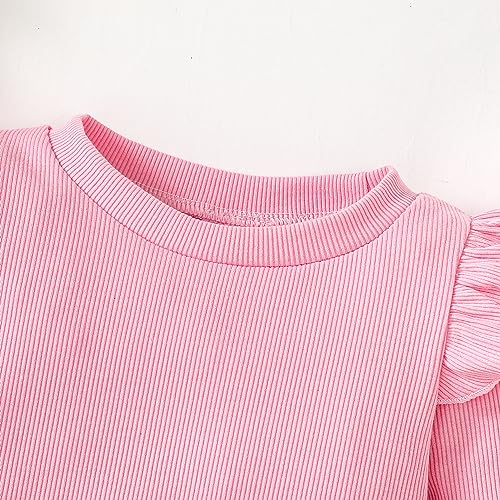 Image of OPAWO Toddler Long Sleeve Shirt Girl Ruffle Sleeve Ribbed Tops Tees Blouses