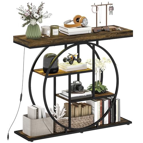 HOMCOM Console meuble avec éclairage LED musique sync 100 cm, table console 4 niveaux, étagères ouvertes, cadre rond en acier, table d'entrée, salon, couloir, style...