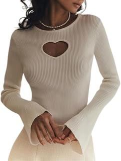 Women's Heart Cut-Out Knit Sweater – Round Neck Long Sleeve Ribbed 2025 Valentine's Day Pullover Tops
