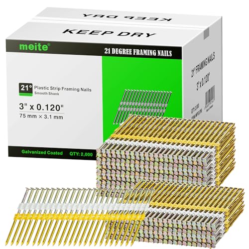 meite 21 Degree Framing Nails 3 Inch, Galvanized Plastic Collated Nails for Pneumatic Cordless Framing Nailer Gun, Full Round Head Structural Nails for Wall Decking Sheding Flooring 2,000PCS