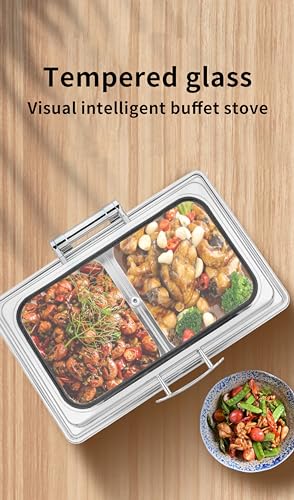 Juego de platos de acero inoxidable de 9 L con tapa abatible visible y control de temperatura LED para catering, bufé, eventos, banquetes, equipo de servicio de alta calidad