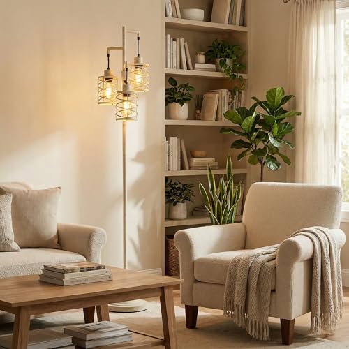 Image of Oneach 70 inch Industrial Floor Lamp, Stepless Dimmable Standing Lamp with 3 Bulbs, Farmhouse Corner Standing Tree Lamp for Living Room, Tall Lamps for Bedroom, Office, Dining Room, Antique Beige White