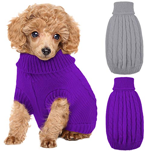 2 Pieces Dog Sweaters Knitted Turtleneck Dog Sweater Classic Cable Knit Winter Coat Pet Cat Sweater Dog Sweatshirt Pullover Puppy Cat Knit Sweater for Small Dogs (Small, Purple, Grey)