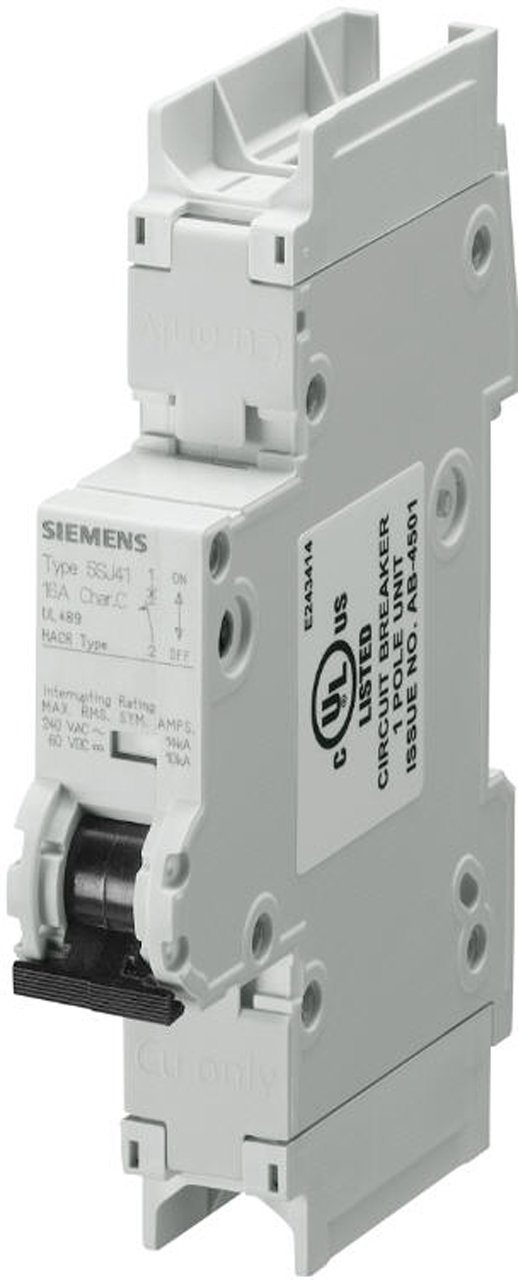 Siemens 5SJ41108HG41 Miniature Circuit Breaker, UL 489 Rated, 1 Pole Breaker, 10 Ampere Maximum, Tripping Characteristic D, DIN Rail Mounted, Type HSJ, 240 VAC, 60 VDC