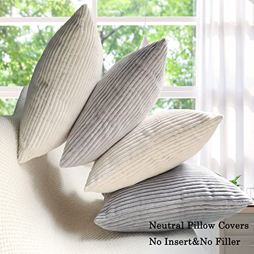 Mekajus Set Of 4 Decorative Throw Pillow Covers - Soft Striped Corduroy Pillow Cases Solid Square Home Deco Cushion Cover For Living Room Couch Sofa Bedroom (18X18 Inch, Neutral) #TOP3