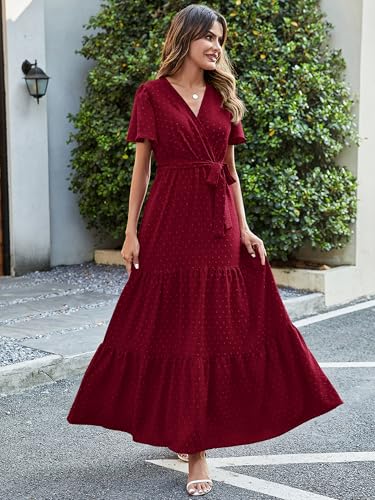 Image of MASCOMODA Women Boho Swiss Dot Maxi Dresses Wrap V Neck Flutter Short Sleeve Solid Tie Waist A Line Tiered Flowy Long Dresses