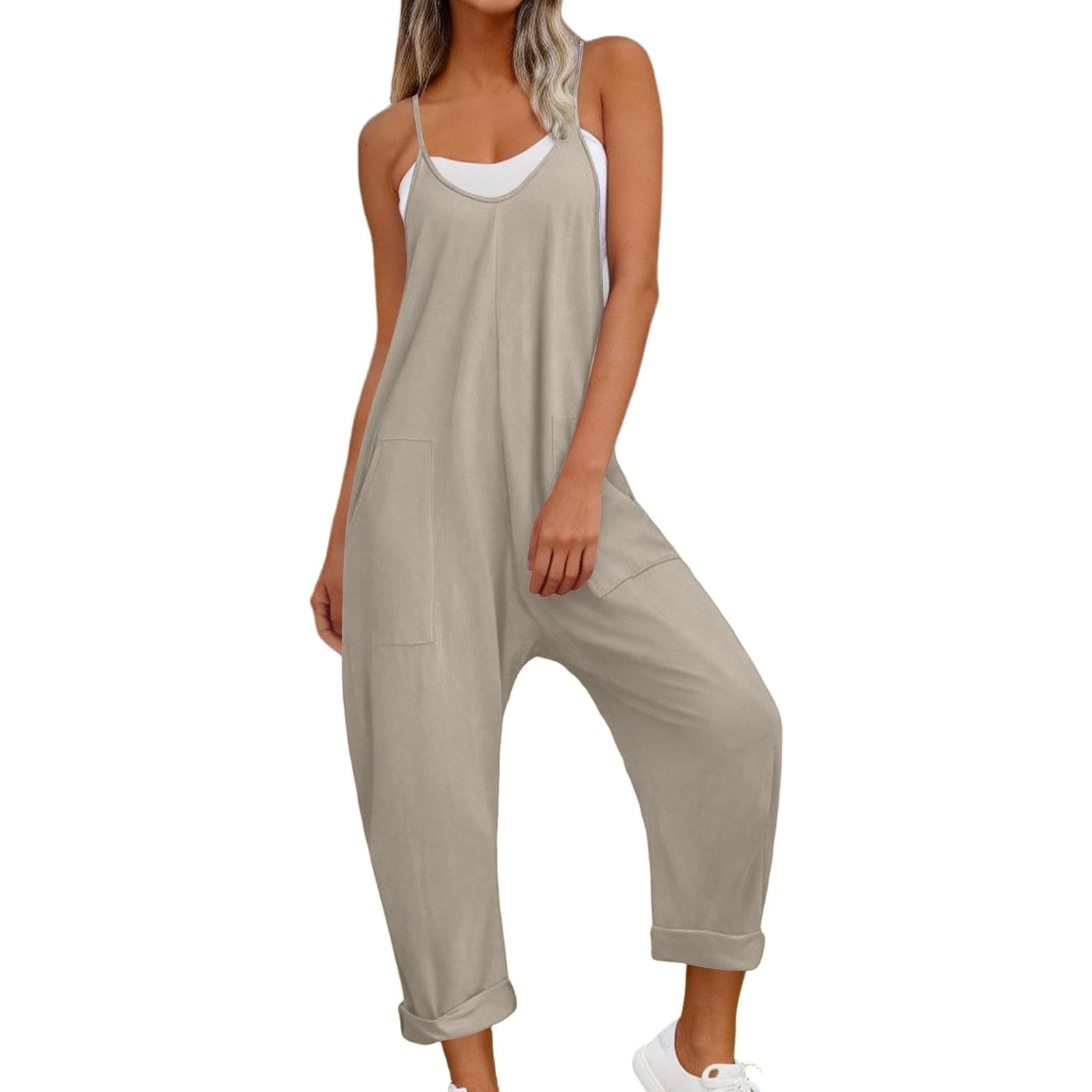 Peto de trabajo para mujer, elegante mono de verano, sin mangas, cómodo, ajuste holgado, pantalones de peto, cuello de pico, tirantes finos ajustables y prácticos bolsillos