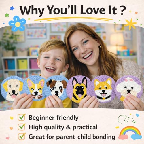 Image of Punch Needle Coaster Kit for Adults Beginners, Easy Punch Embroidery Starter Set with Instructions - Fun Mug Rug Making Kit for Table Decor & Festival DIY Gifts (6pcs Cute Dogs)