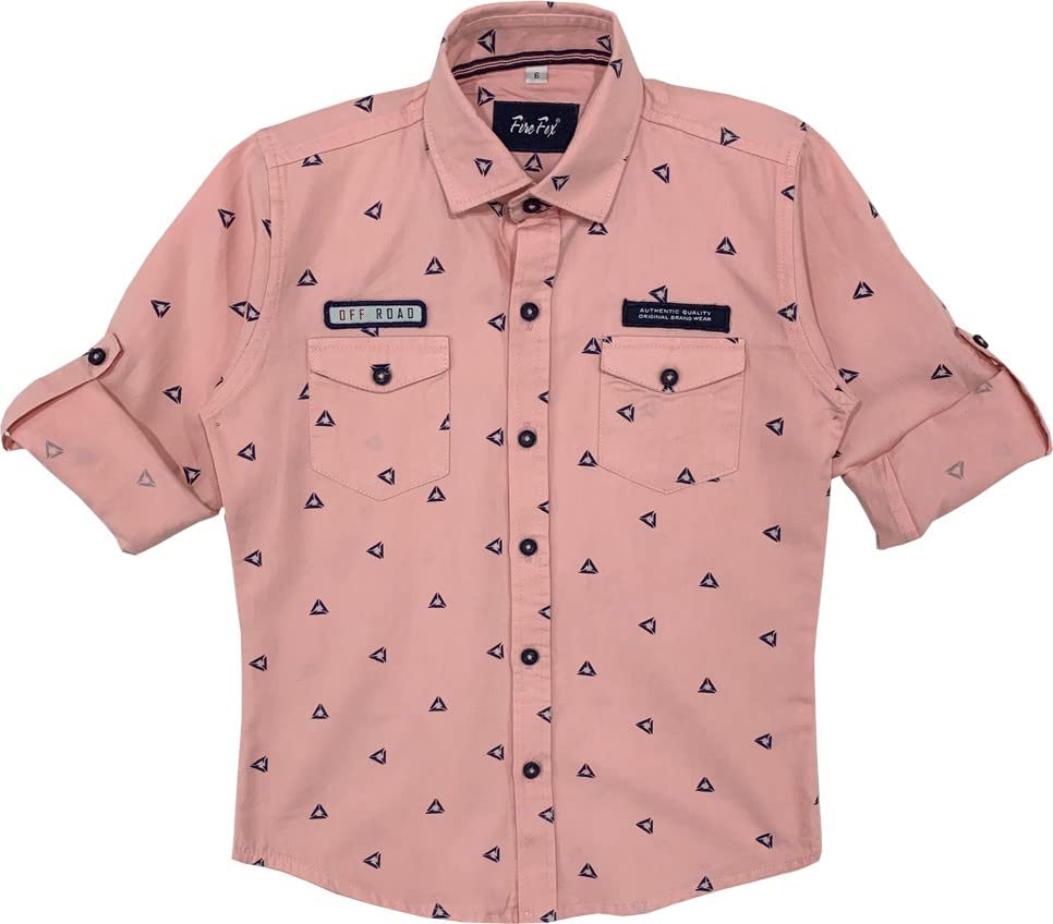 FIRE FOX Boys' Cotton Solid Regular Fit Printed Shirt | Pink | 14_15 Years | Pack of 1