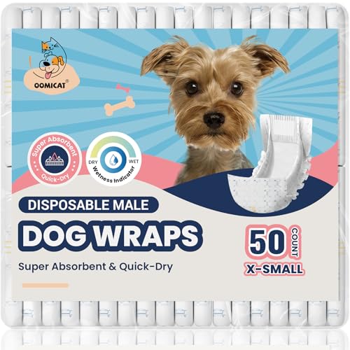 OOMICAT Dog Diapers Male X-Small 50 Ct Super Absorbent Male Dog Wraps with Wetness Indicator Soft Pearl Weave Non-Woven Fabric Breathable Belly Bands for Male Dogs Fit for Chihuahua Yorkshire