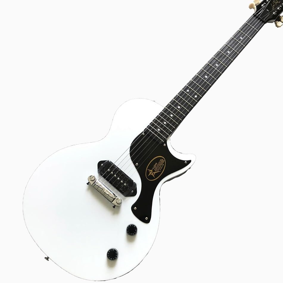 Guitare blanche avec touche en palissandre et accastillage chrome épuré