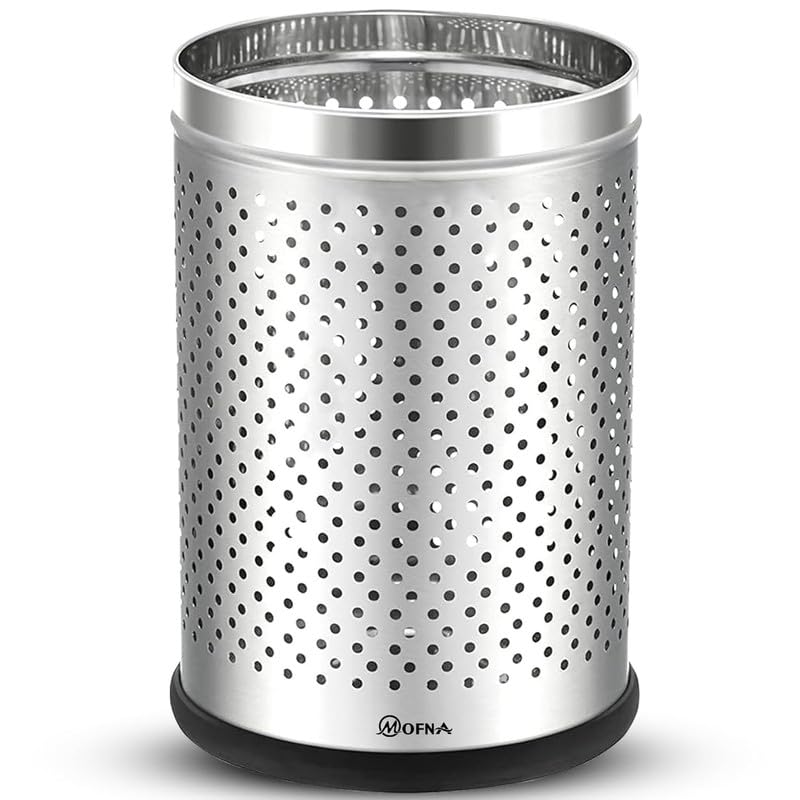 Image of mofna Stainless Steel Open Top Perforated Dustbin for Home 50L Trash Can with Anti-skid Base Waste Garbage Bin for Office, Bedroom, Kitchen & Commercial Use Silver