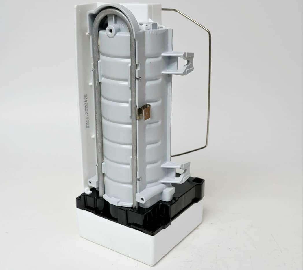 Side view of the icemaker showing the water fill tube and internal components.