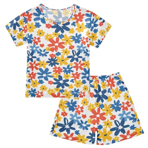 ALAZA Watercolor Flower Blossom Floral Pajamas Set Short Sleeve Cotton Sleepwear Summer Pjs 2 Piece 5-14Y